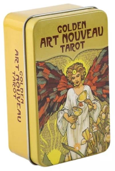 Imagem de Golden Art Nouveau Tarot Deck Em Lata Com Bordas Laranjas Tarô Nova Arte Dourada Baralho de Cartas de Oráculo