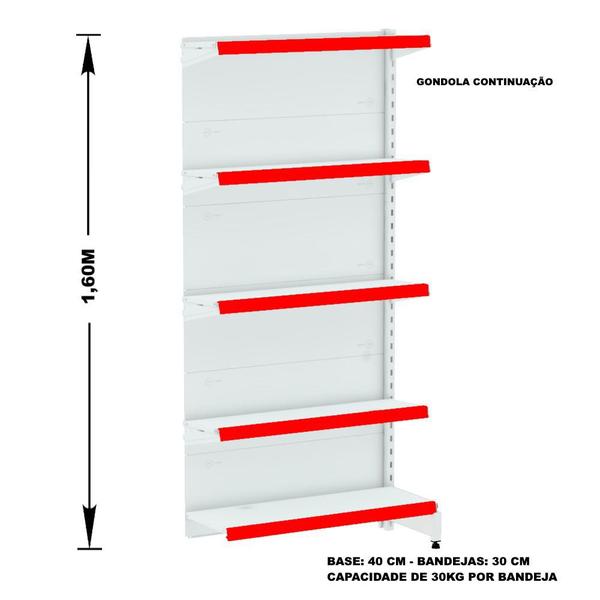 Imagem de Gondola Parede 160 Continuacao Branco 5 Bandejas Pe Vermelho