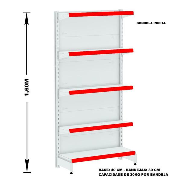 Imagem de Gondola Parede 160 Kit 4 Metros Branco 20 Bandeja Pe Vermelho