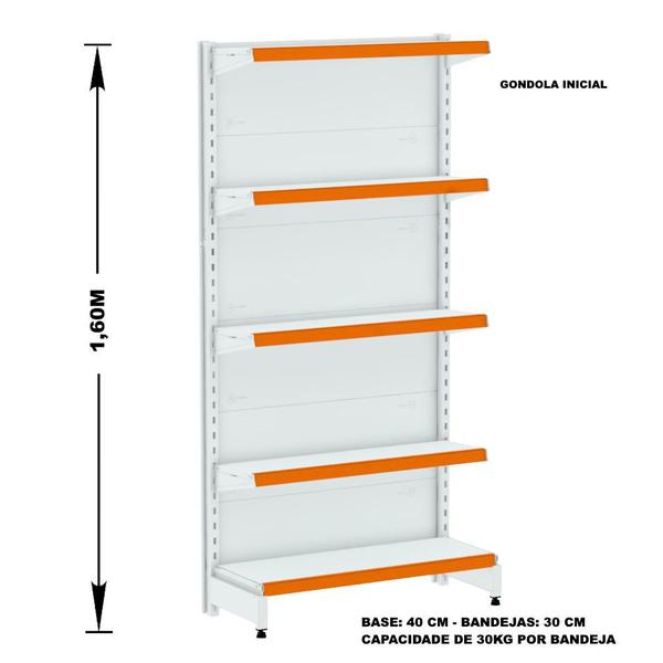 Imagem de Gondola Parede 160 Kit 5 Metros Branco 25 Bandeja Pe Laranja