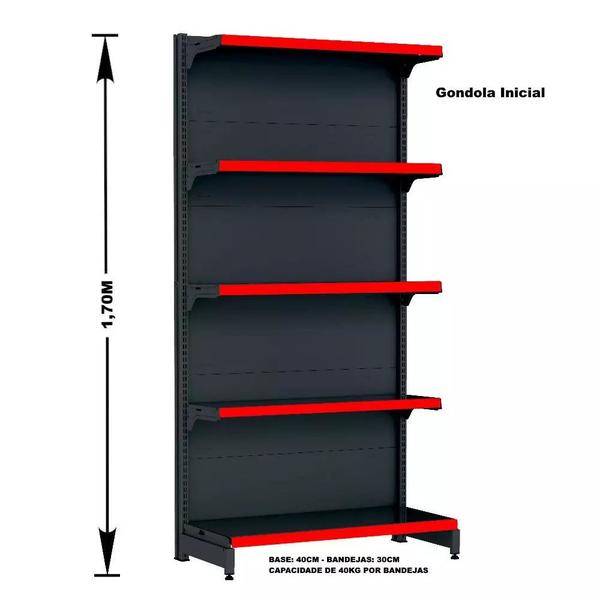 Imagem de Gondola Parede 170 Fit Ate 2 Metros Preto 10 Bandeja Pe Vermelho