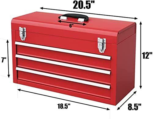 Imagem de Goplus Tool Box com 3 gavetas, 20" Organizador de baú de ferramentas portáteis com trava de bloqueio & forro para casa de porta-malas de garagem, aço revestido de pó, vermelho