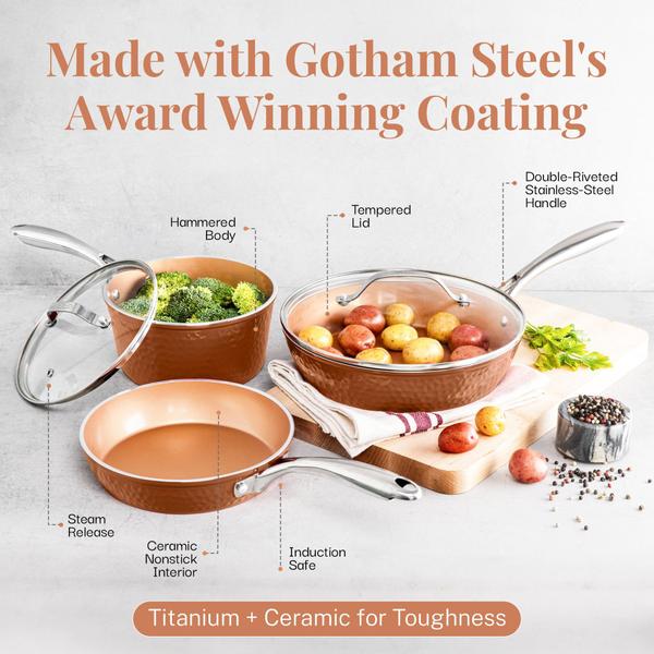 Gotham Steel 12" Antistick Frigideira com Tampa Coleção de Cobre Martelado, Panela de Alumínio Premium com alças de aço inoxidável, placa de indução para aquecimento uniforme, lava-louças & forno seguro Imagem de Gotham Steel 12" Antistick Frigideira com Tampa Coleção de Cobre Martelado, Panela de Alumínio Premium com alças de aço inoxidável, placa de indução para aquecimento uniforme, lava-louças & forno seguro