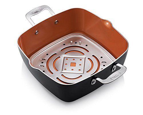 Imagem de GOTHAM STEEL - 6 Quart XL Antiaderente Cobre Deep Square Tudo em Um 6 Qt Caçarole Chef's Pan & Stock Pot- 4 Conjunto de Peças, Inclui Cesta de Fritura e Bandeja de Vapor, Cofre de Lava-Louça