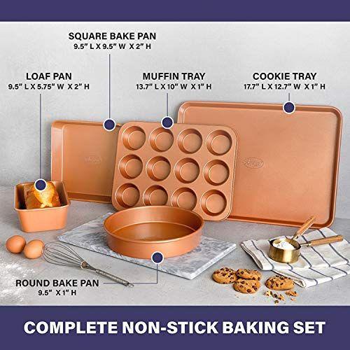 Imagem de Gotham Steel Non Stick Ceramic Bakeware Set, 5 Piece No Warp & Dishwasher Safe Baking Set, Conjunto de assadeiras com assadeira redonda e quadrada, Panela de muffin, Pão e assadeira para forno, 100% livre de PFOA