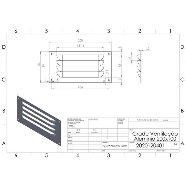 Imagem de Grade de Ventilação de Alumínio Preta 20x10cm Com Tela ITC