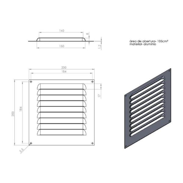 Imagem de Grade de Ventilação de Alumínio Preta 20x20cm Com Tela ITC