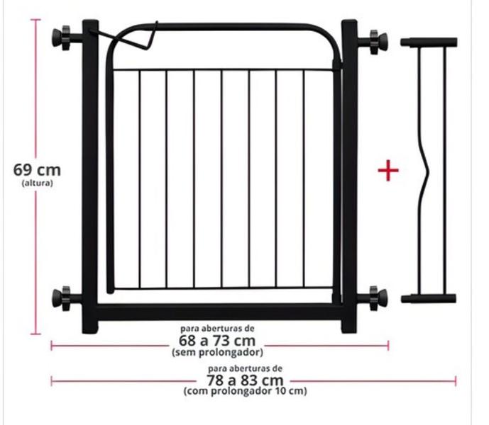 Imagem de Grade Portão Portãozinho Proteção Pet 69 a 84 Cm Preto com prolongador incluso