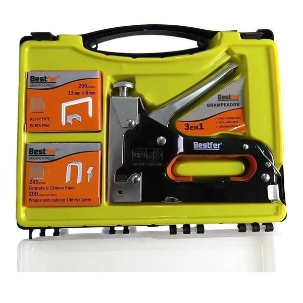 Imagem de Grampeador Profissional Kit 3 Peças Tapeceiro Madeira Estofado Manual Bestfer BFH0133