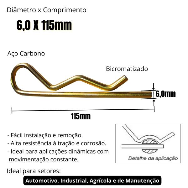 Imagem de Grampo R Trava Pino 6,0 X 115mm Para Engate Eixo 100 Pçs