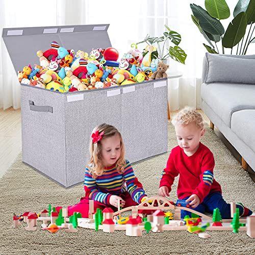 Imagem de Grande organizador de armazenamento de baú de toy box com tampa, caixas de brinquedos dobráveis com alças resistentes para meninos e meninas, berçário, playroom 25"x13" x16" (Cinza Claro)