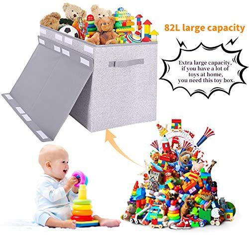 Imagem de Grande organizador de armazenamento de baú de toy box com tampa, caixas de brinquedos dobráveis com alças resistentes para meninos e meninas, berçário, playroom 25"x13" x16" (Cinza Claro)