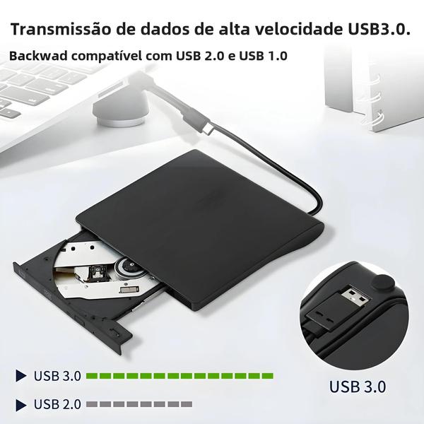 Imagem de Gravador de DVD Externo USB 3.0 Portátil - Leitor e Queimador para PC e Laptop