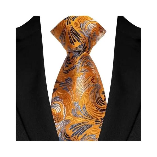 Imagem de Gravata Masculina Paisley Floral Laranja e Marrom - 8cm - Jacquard para Festa