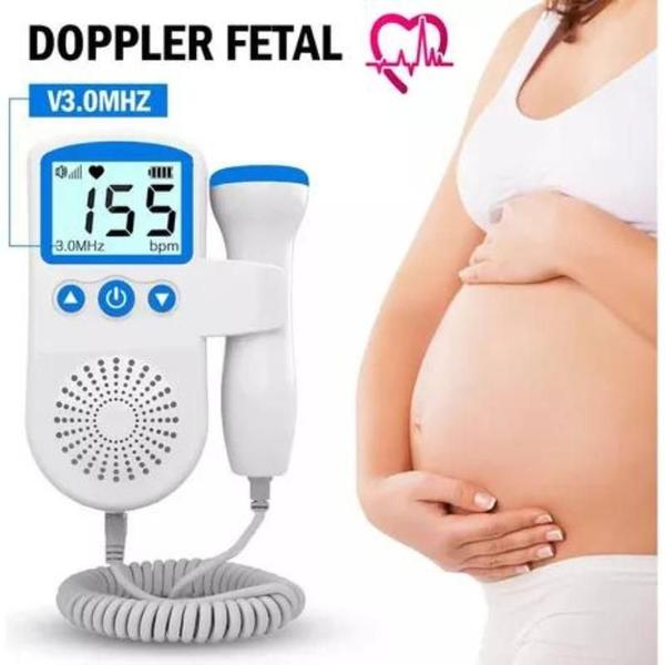 Imagem de Grávida e detector da frequência do bebê, monitor fetal do doppler, estetoscópio para a gravidez