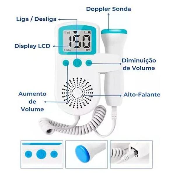 Imagem de Grávida e detector da frequência do bebê, monitor fetal do doppler, estetoscópio para a gravidez