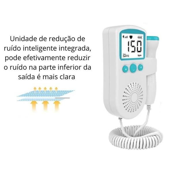 Imagem de Grávida e detector da frequência do bebê, monitor fetal do doppler, estetoscópio para a gravidez