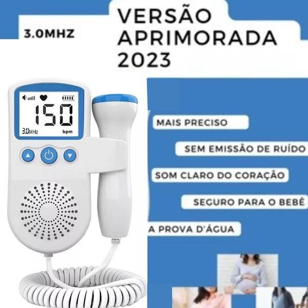 Imagem de Grávida e detector da frequência do bebê, monitor fetal do doppler, estetoscópio para a gravidez