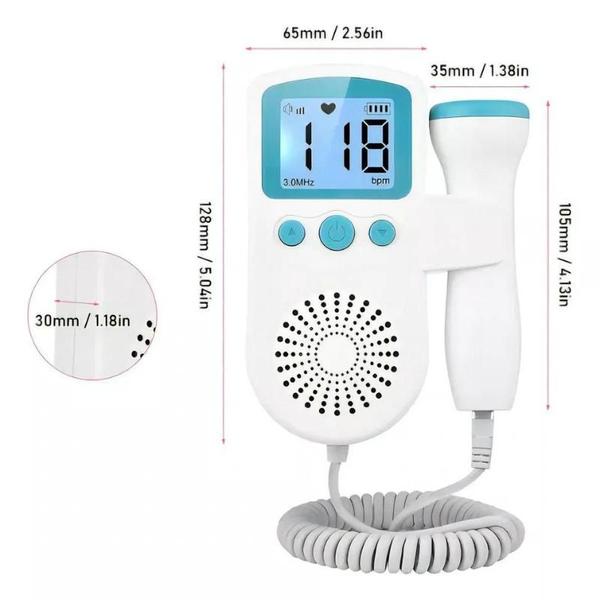 Imagem de Grávida e detector da frequência do bebê, monitor fetal do doppler, estetoscópio para a gravidez