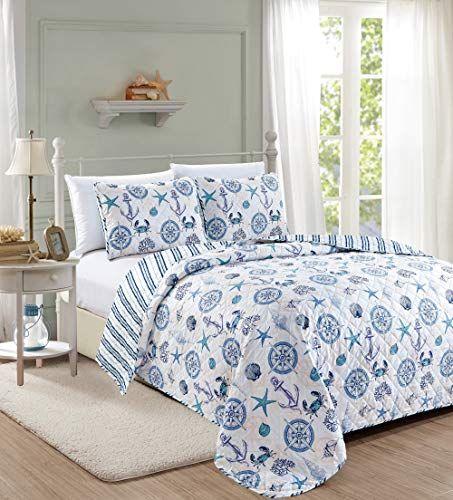 Imagem de Great Bay Home 3 Piece Náutica Reversível Quilt Set com Shams. Seashell Beach Tema Colcha Costeira Coverlet. Azure Collection (King, Azure)