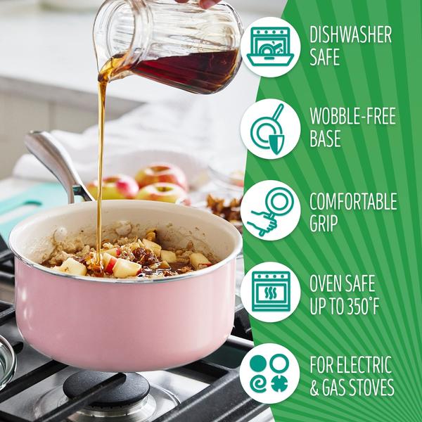 Imagem de GreenLife Artisan Healthy Cerâmica Nonstick, 1QT e 2QT Panela Pot Set com Tampas, Alça de Aço Inoxidável, Sem PFAS, Cofre de Lava-Louças, Cofre do Forno, Rosa Macio