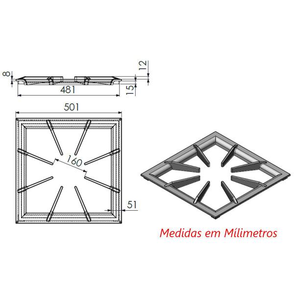 Imagem de Grelha 8 Hastes Reforçada GLC Fogão Industrial Ferro 50x50cm