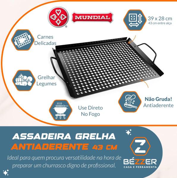 Imagem de Grelha Assadeira Antiaderente 43x28cm Chapa para Churrasco e Legume Mundial BQ50-07