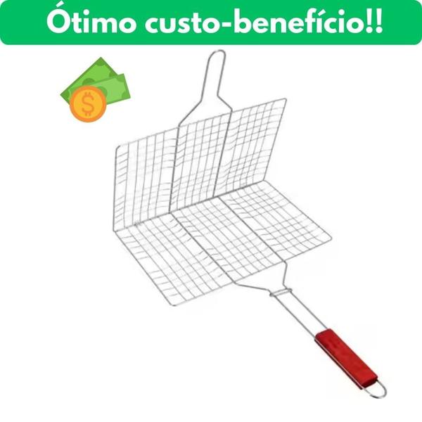 Imagem de Grelha Dupla para Churrasco Antiaderente Aço Inox Dobravel Churrasqueira Peixe Não Gruda Resistente