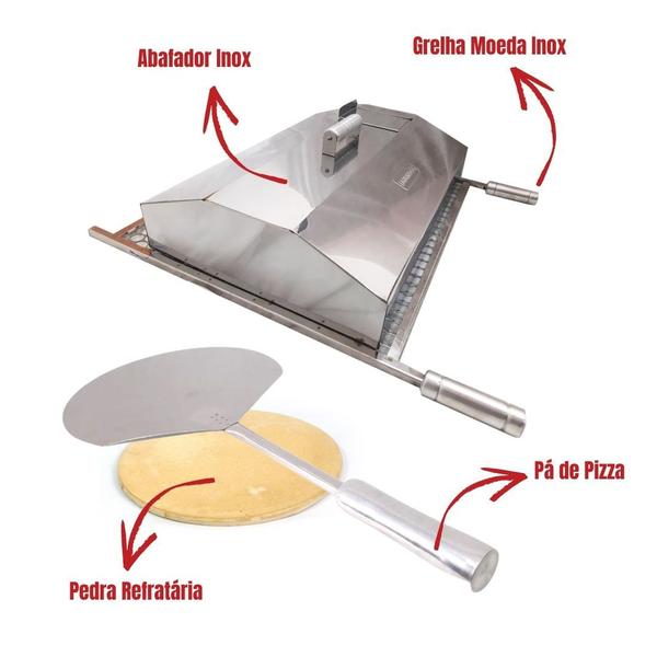 Imagem de Grelha Inox 70x50 + Abafador + Pá Pizza + Pedra Refratária