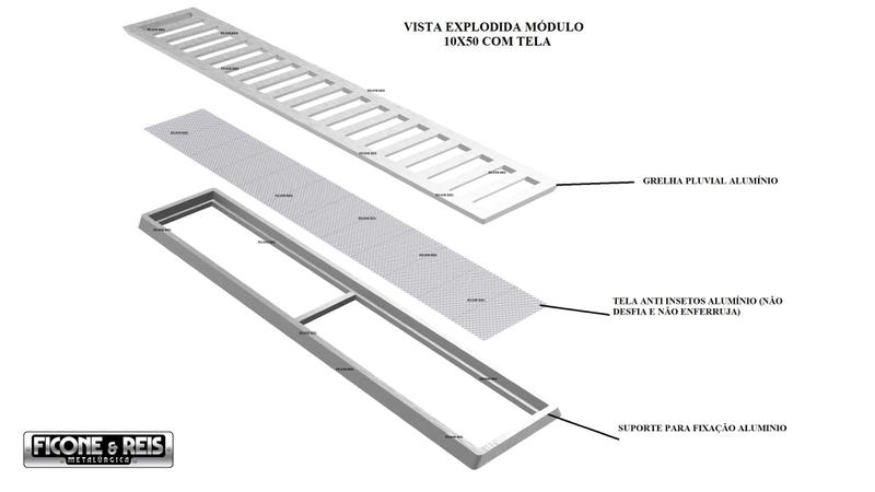 Imagem de Grelha Pluvial 10x200 com Suporte e Tela Anti Insetos (4 módulos 50cm) - Ralo Alumínio - Ficone Decor