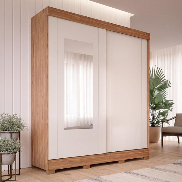 Imagem de Guarda-roupa 100% Mdf 2 Portas de Correr Espelho 3 Gavetas Internas e 8 Pés Bonito Espresso Móveis Cinamomo/Off White