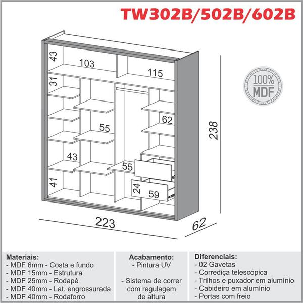 Imagem de Guarda Roupa 100% MDF 222,5cm com 2 portas de correr TW602B Dalla Costa