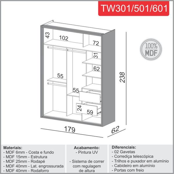 Imagem de Guarda Roupa 100% MDF Casal 1,79m com 2 portas de correr e espelho TW601E Dalla Costa