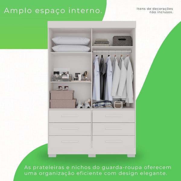 Imagem de Guarda Roupa 2 Portas 6 Gavetas MDP com Pés e Espelho Branco