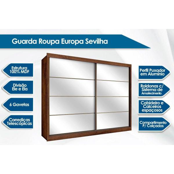 Imagem de Guarda Roupa 2 Portas  de Correr e 6 Gavetas c/ Espelho Sevilha Branco Acetinado - Europa