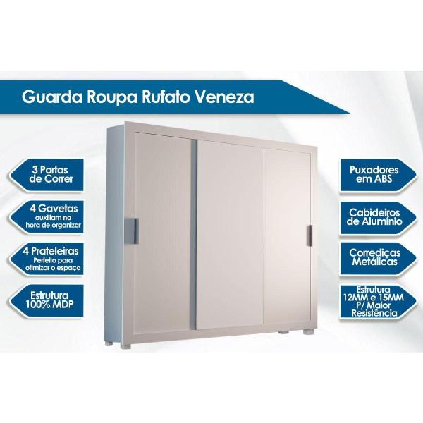 Imagem de Guarda Roupa 3 Portas de Correr e 4 Gavetas c/ Pés Veneza Naturale/Off White - Rufato