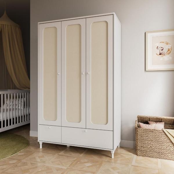 Imagem de Guarda-Roupa 3 Portas e 2 Gavetas com Rattan Coleção Fofura Branco Acetinado com Rattan