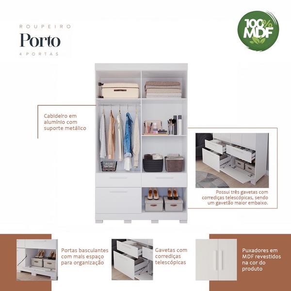 Imagem de Guarda Roupa 4 Portas 3 Gavetas 1 Basculante 100% Mdf Porto Panan Branco