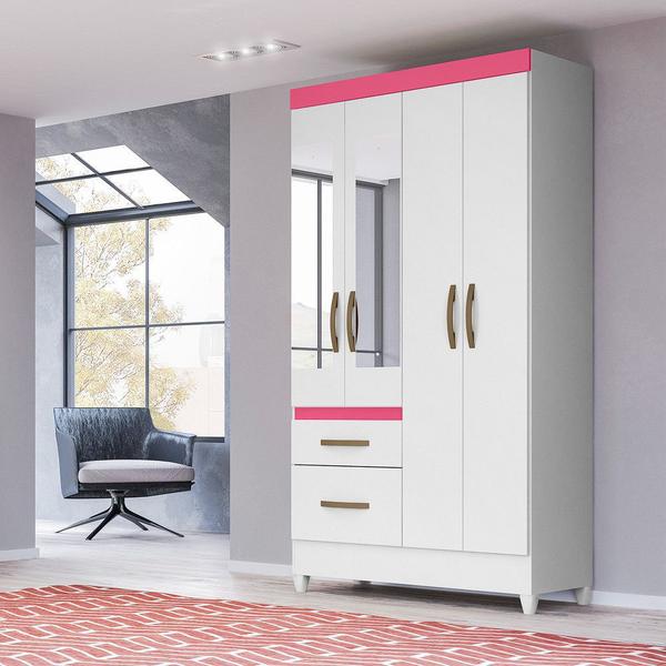 Imagem de Guarda Roupa 4 Portas com Espelho Madri Branco Rosa Azul Lilás Flex 852440 Moval