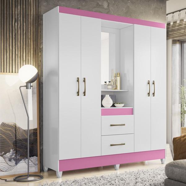 Imagem de Guarda Roupa 4 Portas com Espelho Niterói Branco Rosa Flex 983440 Moval