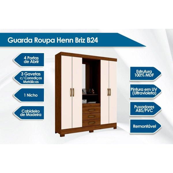 Imagem de Guarda Roupa 4 Portas e 3 Gavetas c/ 1 Espelho Briz B24 Nature/Cinza - Henn