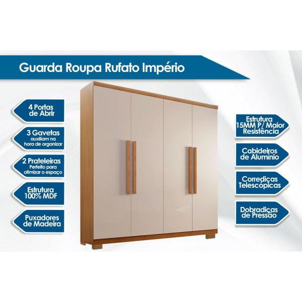 Imagem de Guarda Roupa 4 Portas e 3 Gavetas c/ Pés Império Naturale/Off White - Rufato