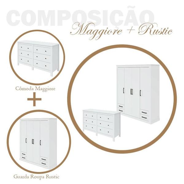 Imagem de Guarda Roupa 4 Portas Rustic e Cômoda Maggiore Branco Brilho - Lopas