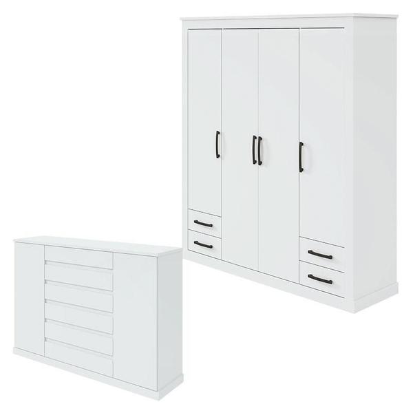 Imagem de Guarda Roupa 4 Portas Rustic e Cômoda Vedra Branco Brilho - Lopas