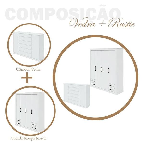 Imagem de Guarda Roupa 4 Portas Rustic e Cômoda Vedra Branco Brilho - Lopas