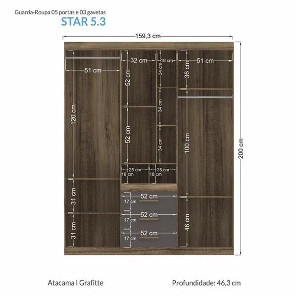 Imagem de Guarda Roupa 5 Portas 3 Gavetas Star 5.3 Atacama/Grafite - PR Móveis