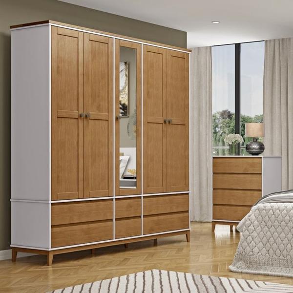 Imagem de Guarda Roupa 5 Portas Com Espelho E Comoda MDF/Madeira Maciça Prata Off White Freijo FNT