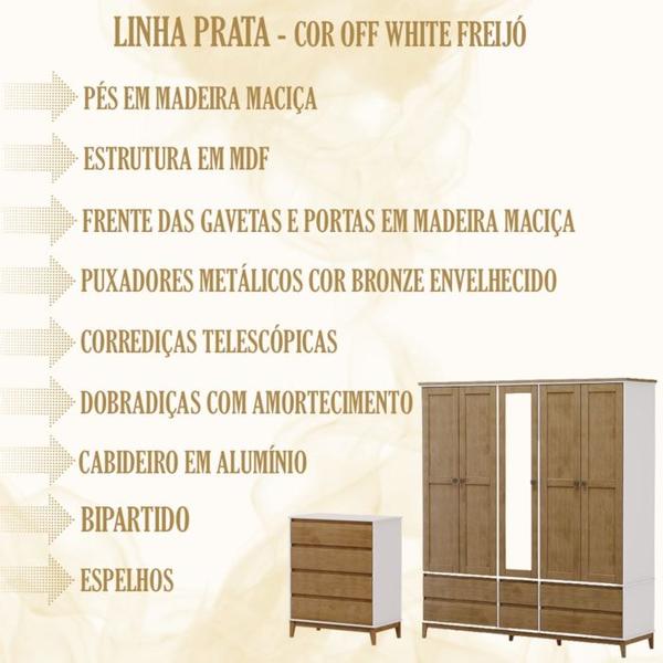 Imagem de Guarda Roupa 5 Portas Com Espelho E Comoda MDF/Madeira Maciça Prata Off White Freijo FNT