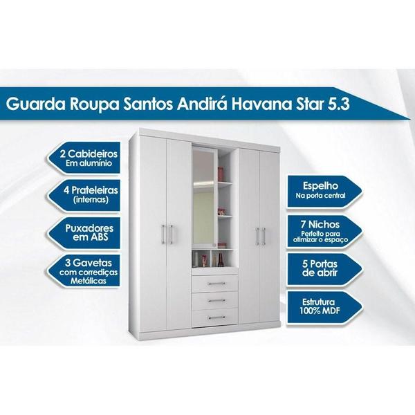 Imagem de Guarda Roupa 5 Portas  e 3 Gavetas c/ Espelho e Pés Havana Star 5.3 Atacama - Santos Andirá