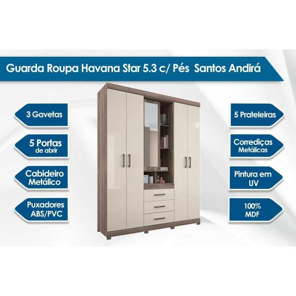 Imagem de Guarda Roupa 5 Portas  e 3 Gavetas c/ Pés Havana Star 5.3 Branco - Santos Andirá